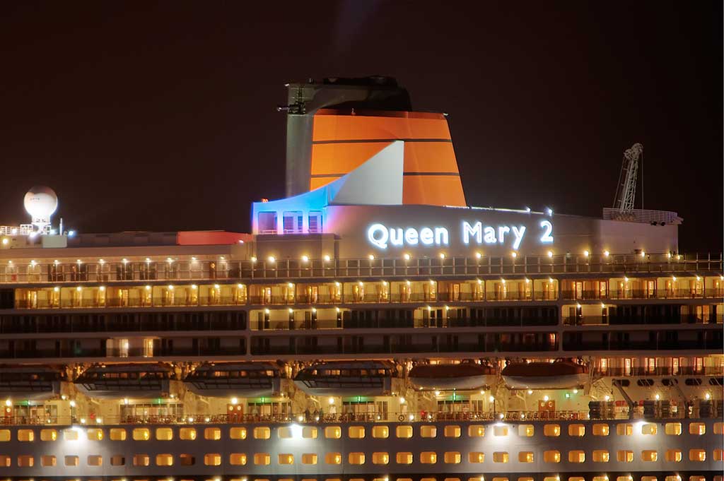 fibre optic lighting illuminating the name sign on rms queen mary 2